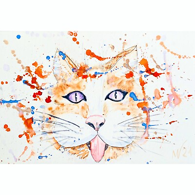 #ad #ad Cat Art Original Watercolor Painting Orange Cat Pet Artwork Small Art Fluid $40.00