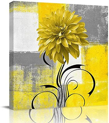 #ad Mordern Abstract Wall Art Canvas Wall Art Yellow Flower Framed Artwork Wat... $30.64