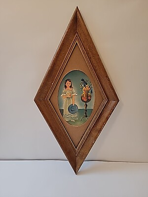 #ad Vintage Mid Century Triangular Wood Framed Wall Art Girl Blue Dress 19.75quot;x9.75quot; $36.00