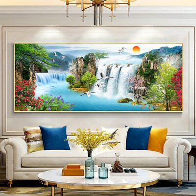 Waterfall Sunset Landscape Canvas Painting Lake Bird Posters Prints Art Wall Art $23.39