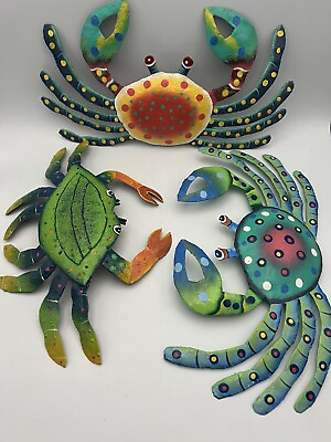 #ad Set of 3 Metal Outdoor Wall Art Decor Blue Green Yellow Red Crab Wall Hanging $38.99