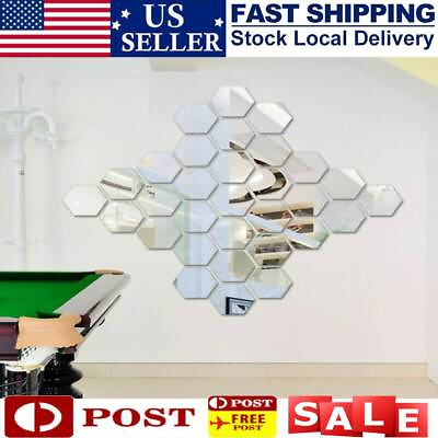 #ad 12 pcs Hexagonal Modern 3D Mirror Geometric Acrylic Wall Sticker DIY Art Decor $7.64