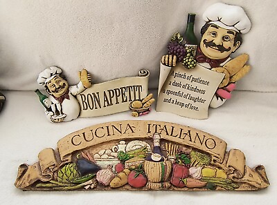 #ad 3 Italian CHEF Plaques w Recipe 15”T.Bon Appetit 6quot; T. Lg Cucina Italiano 9quot;T $142.42