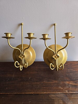 #ad VTG Set Of 2 Ornate Metal Gold Handpainted 2 Arm Wall Candle Sconces Shabby Chic $41.99