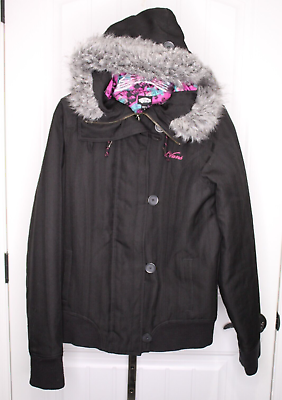 #ad Vans Off The Wall Girls Hooded Coat Size Large Faux Fur Black Zip Skate Board $28.04