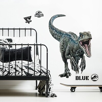 #ad GIANT Blue Velociraptor JURASSIC WORLD Wall Decals Kids Room Dinosaurs Stickers $18.99