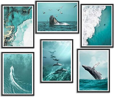 #ad 6Pcs Blue Ocean Landscape Wall Art Whale Wave Canvas Posters Prints Nordic Se... $20.22