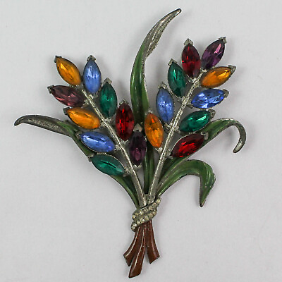 #ad Large Vintage Flower Marquis Enamel Jeweled Bouquet Pin Brooch 1940s $251.75
