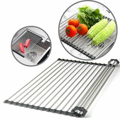 L XXL Kitchen Stainless Steel Sink Drain Rack Roll Up Dish Rack Food Drying Mat $10.48