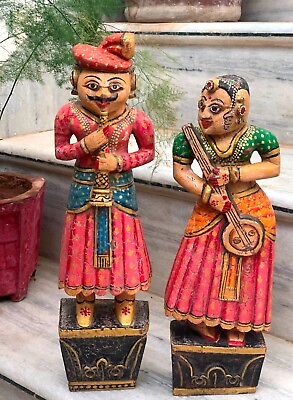 #ad Wooden painted musician figurine wall hanging man woman pair vintage statues $149.00