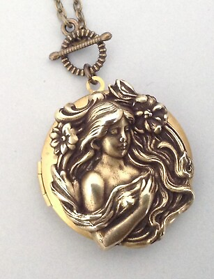 Vintage Necklace Large Art Nouveau Brass Goddess Juno Locket Pendant $23.00