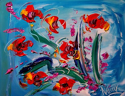 #ad FLOWERS ON BLUE Original FINE ART painting Canvas Signed MODERN HOME DECOR $198.00