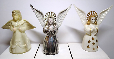 #ad Christmas Angel Ornaments Set Of 3 Hard Plastic Vintage Decorations Silver Paint $26.80