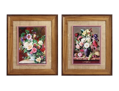 #ad Set of 2 Floral Painting Wall Framed Art Surface Ceramic Fired Flower Prints $30.99