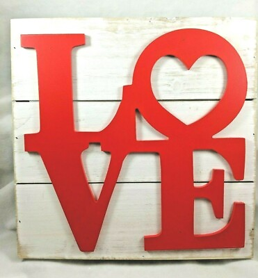 #ad Love Word Script Heart Hanging Wood Plaque Wall Sign Rustic Room Decor 12x12x1.5 $10.00
