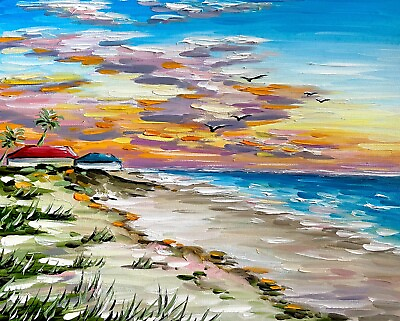 #ad Texas Coast Oil Painting South Padre Island Art Galveston Gulf of Mexico 8x10#x27;#x27; $37.00