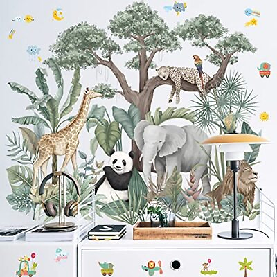 #ad Cartoon Jungle Animals Wall Stickers Elephant Giraffe Panda Leopard Green Pl... $10.55