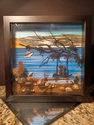 #ad Crawford Bunch Creations Pebble Art Beach Scene Ocean Boat Handmade ShadowBox $55.00