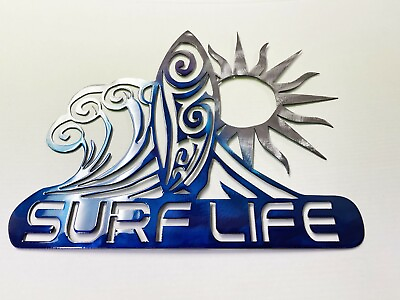 #ad Surf Life Metal Wall Art Sun Waves and Surf 15 1 2quot; x 18quot; wide Blue Tinged $52.98