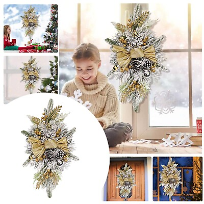 #ad Rustic Christmas Home Decor Gold And White Component With Double Pinecone Wreath $33.28