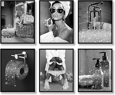 #ad Fashion Wall Art Bathroom Wall Decor Prints Set of 6 Black and White Glam Glitte $28.55