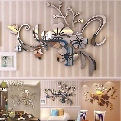 #ad 3D Mirror Floral Art Removable Wall Sticker Acrylic Mural Decal Home Room Decors $8.16