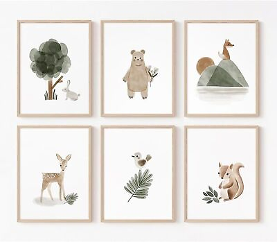 #ad Woodland Nursery Wall Art Decor Set of 6 Animal Canvas Wall Decor Pictures Baby $18.00