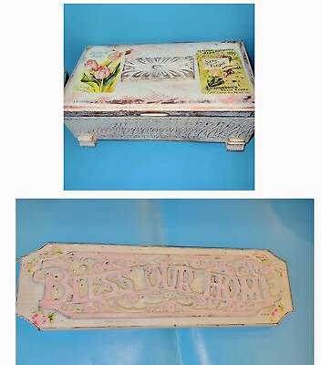 #ad Shabby chic wooden “Bless our home” sign amp; matching box $25.00