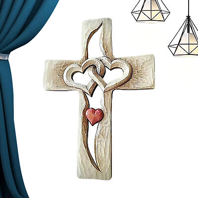 #ad Wooden Carved Cross Entwined Hearts Hanging Wall Decor for Living Room $10.70
