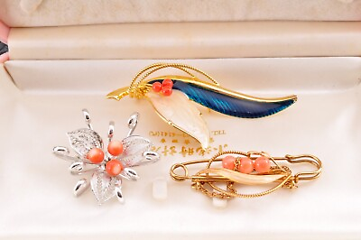 #ad Japanese vintage flower coral brooch 3 sets gold and silver tone certificate. $87.50