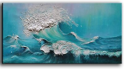 #ad Oil Painting on Canvas Waves 24x48inch Abstract 3D Hand Painted Framed Large $200.00