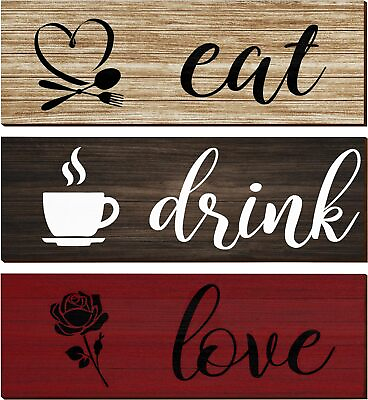 #ad Kitchen Wall Decor3 Pcs Eat Drink Love Signs Wood Plaque Kitchen Art Farmhouse $19.00