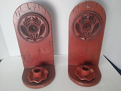 #ad Pair Of Metal Wall Sconces Candleholders Floral Imprint Faux Wood Finish Farm $67.50
