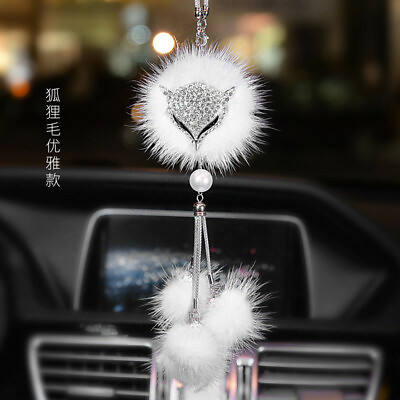 #ad Car Pendant Rhinestone Fox Plush View Mirror Hanging Ball Rear Decor Accessorie $12.41