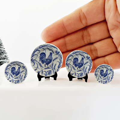 #ad Dollhouse Miniatures Handmade Ceramic Plates Blue Willow Rooster Kitchen Decor $17.59