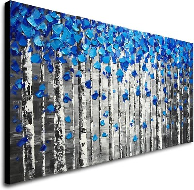 #ad Textured Forest Abstract Canvas Wall Art Hand Painted Modern Blue Tree Oil Pa... $123.45