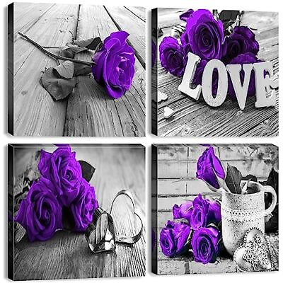#ad Purple Wall Decor for Bathroom Rose Flower Canvas Wall Art 12x12in Purple Rose $44.29