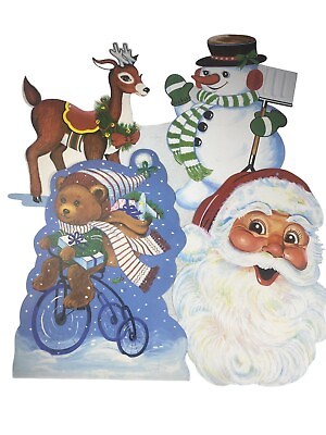 #ad 4 Die Cut Out Christmas Wall Decorations Santa Rudolph Frosty Bear 15” 17” Vtg $20.69