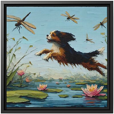 #ad #ad Wall Art Decor Canvas Print Dog Oil Painting Spaniel Pond Dragonfly Waterlilies $48.45