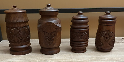 #ad Vintage Wooden Spice Jar Round Carved w Lid Set Of Four India Kitchen Art Decor $39.95