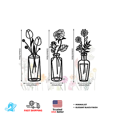 #ad Elegant Black Iron Flower Wall Art Minimalist Metal Vase Decor $11.49