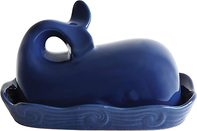 #ad Creative Co Op Coastal Stoneware Whale Shaped Butter Dish Navy Blue $12.56