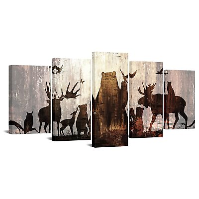 #ad sechars 5 Piece Vintage Animal Wall Art Canvas Abstract Forest Deer Bear Pict... $70.90