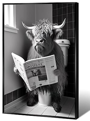 #ad #ad Funny Highland Cow Bathroom Canvas Wall Art Black and White Longhorns In Toil... $82.89
