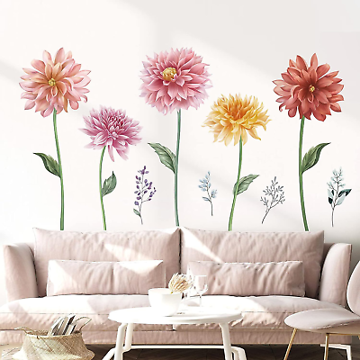 #ad Decalmile Garden Flower Wall Decals Dahlia Blossom Floral Wall Stickers Bedroom $22.74