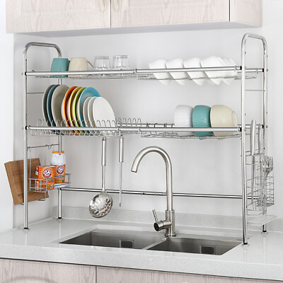 Over Sink Dish Drying Rack 2 Tier Stainless Kitchen Shelf Cutlery Drainer $24.99