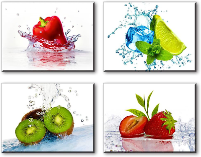 #ad Kitchen Pictures Wall Decor 4 Piece Set Colorful Fruits and Ices Canvas Wall Ar $84.52