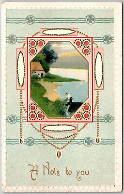 #ad 1913 A Note To You Landscape Countryside Home Lake Greetings Posted Postcard $8.05