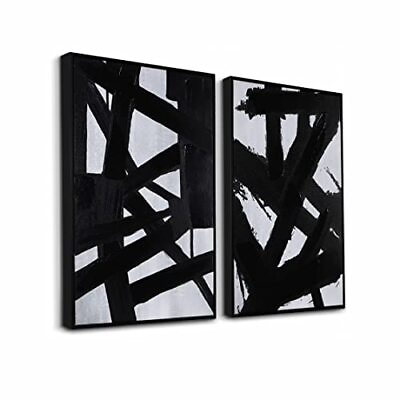And White Abstract Wall Art Painting 16quot; x 24quot; x 2 Panels Framed Black $86.83