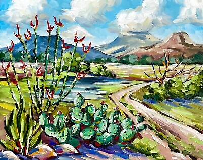 #ad Southwestern Desert Oil Painting Landscape Texas Wall Art Cactus Art 8x10 in $39.00